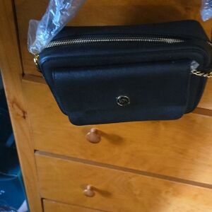 Black Crossbody Camera Bag with Gold Hardware